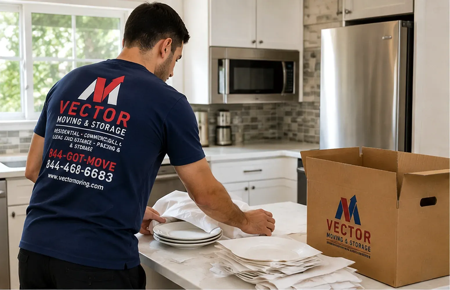 Vector mover packing dishes and household belongings in a bright kitchen