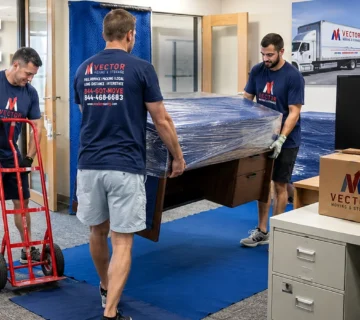 Vector commercial movers loading office furniture and labeled boxes