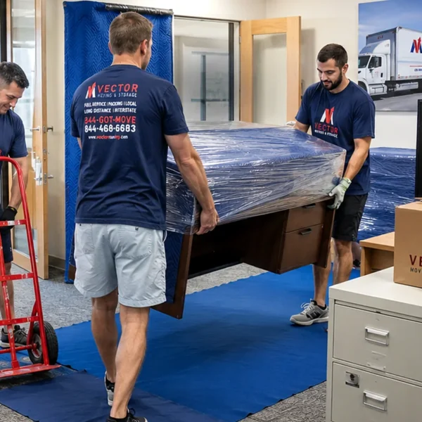 Vector commercial movers loading office furniture and labeled boxes