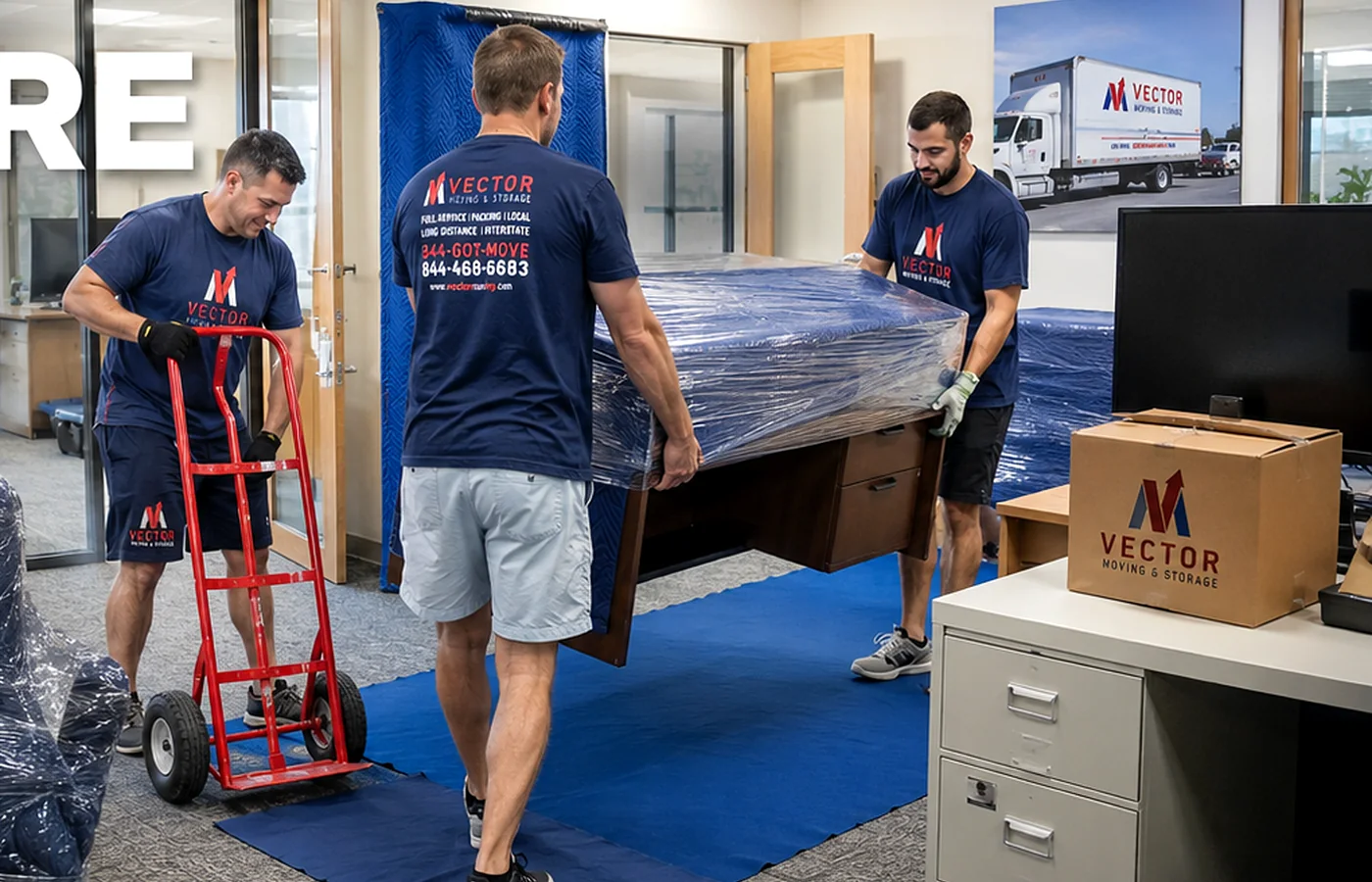 Vector movers handling wrapped office furniture on a protected floor