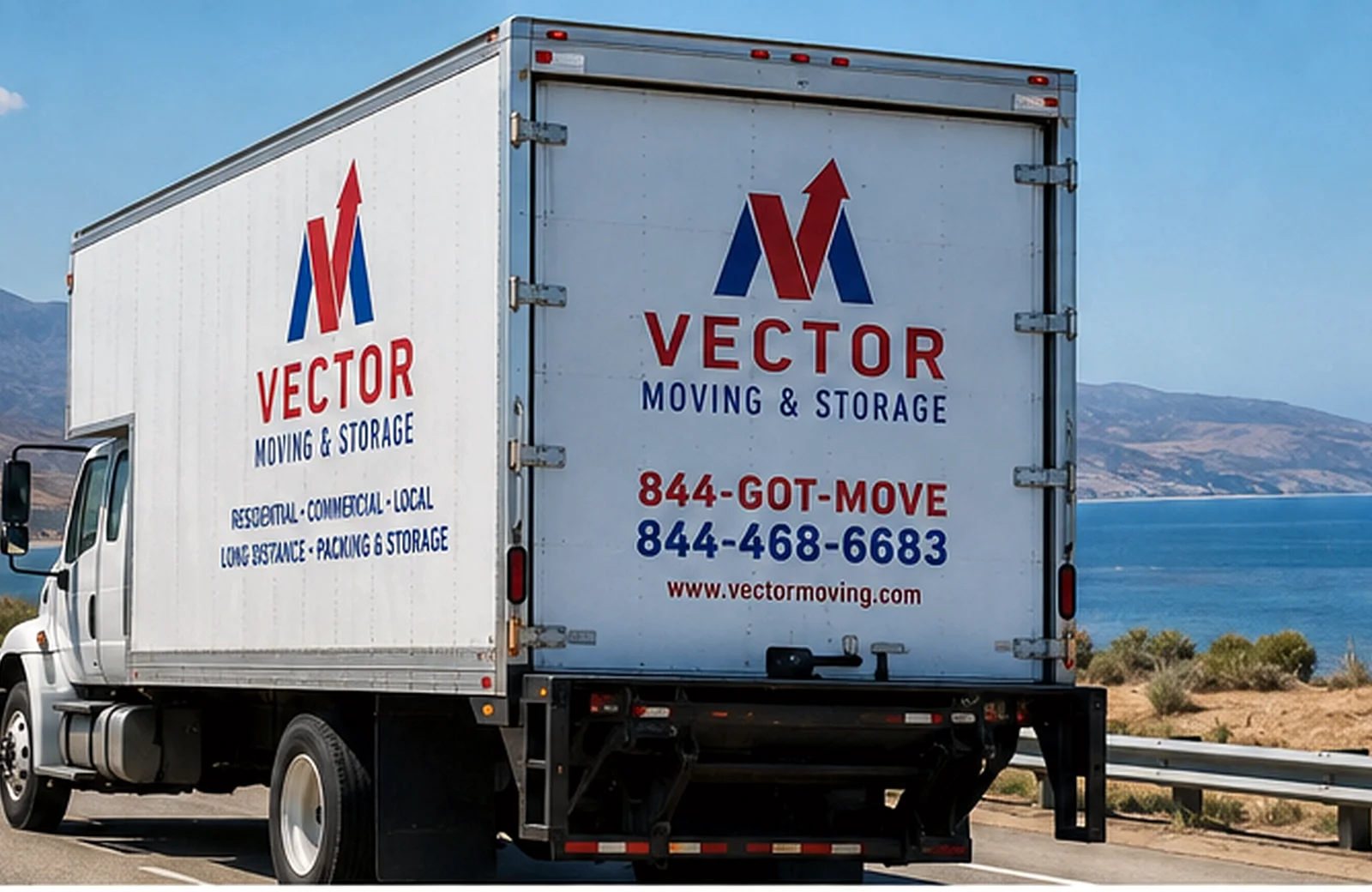 Vector Moving and Storage truck beside a highway guardrail