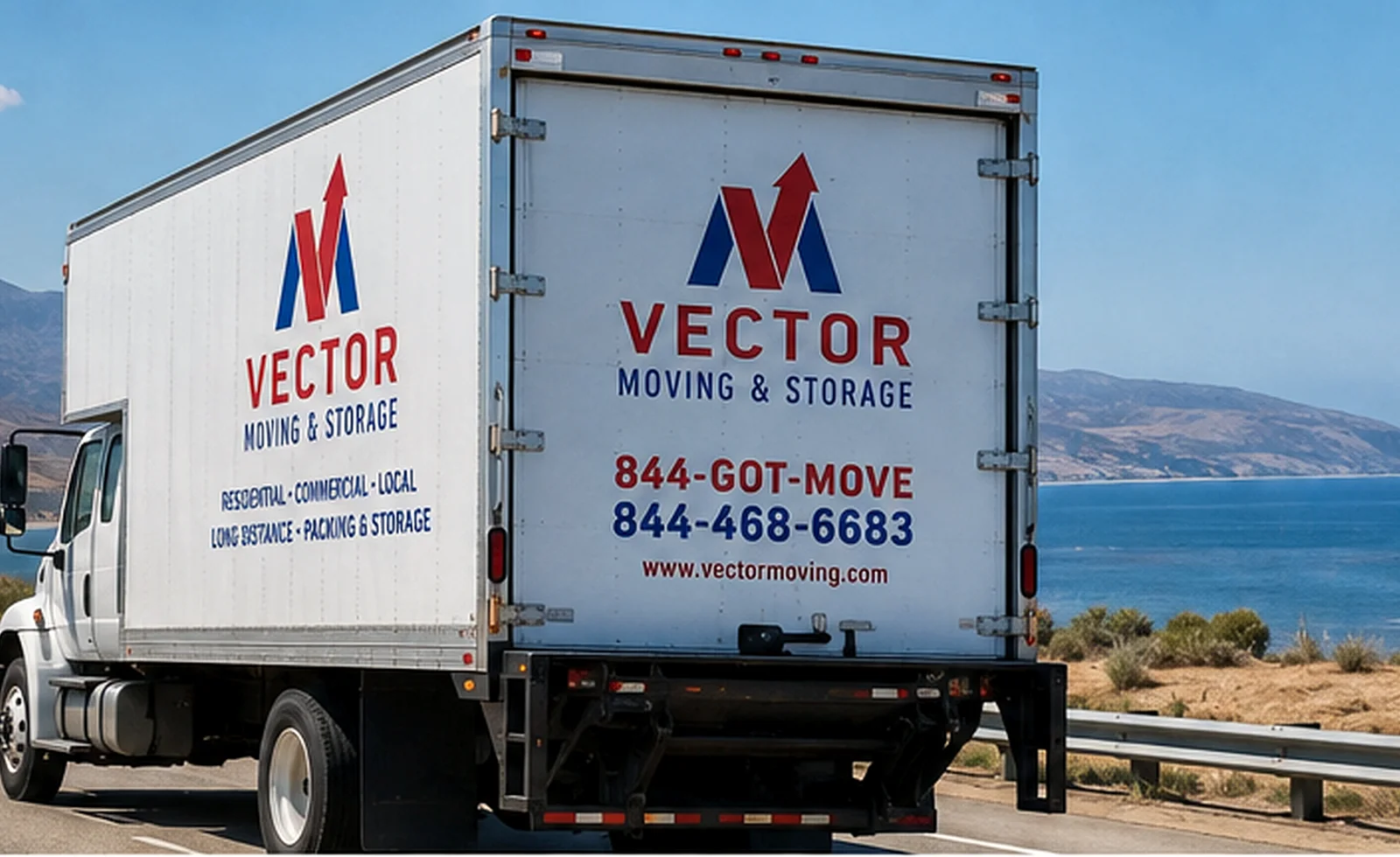 Vector Moving and Storage truck beside a coastal highway