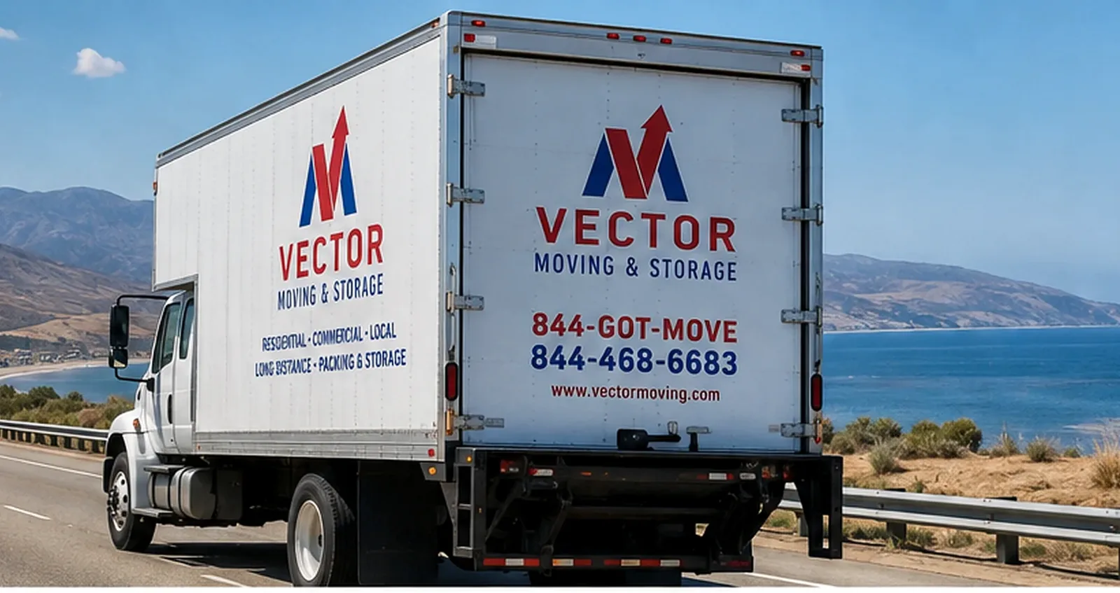 Vector moving truck traveling on a Southern California coastal highway
