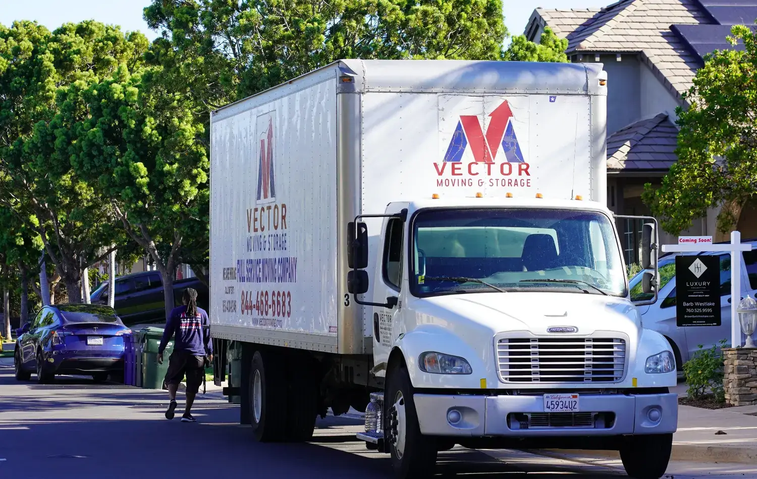 Vector moving truck positioned for an organized residential or business delivery