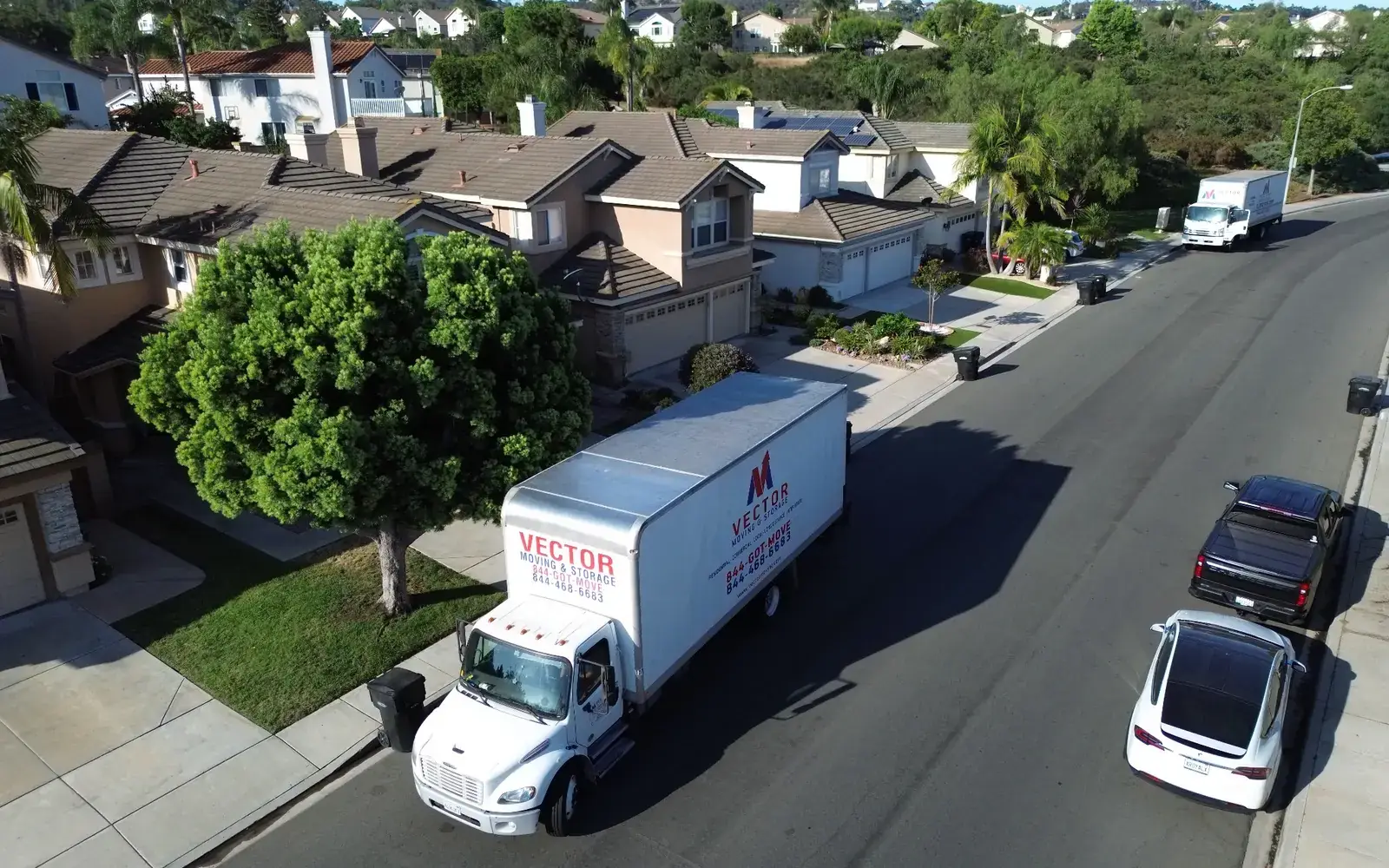 Vector Moving and Storage trucks on a residential street