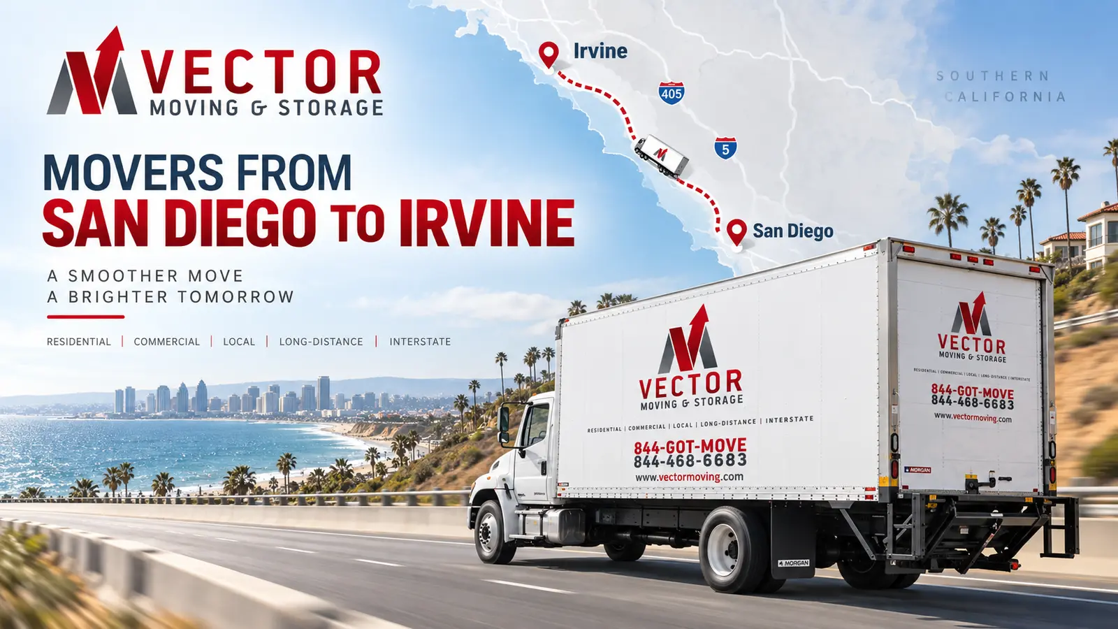Vector Moving and Storage San Diego to Irvine route illustration