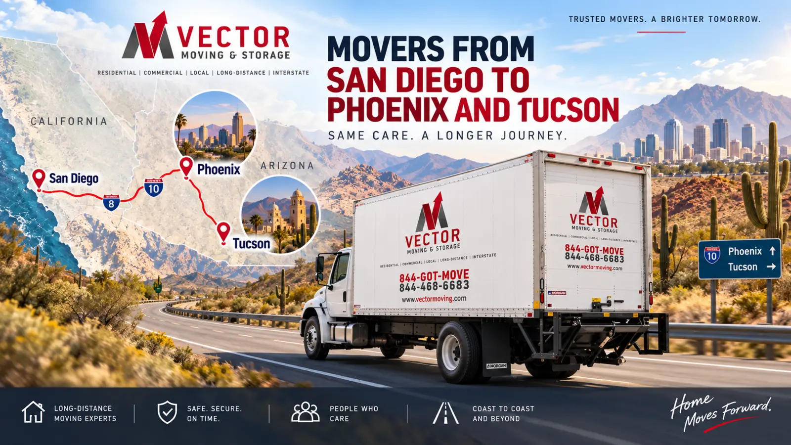Vector movers route from San Diego to Phoenix and Tucson, Arizona