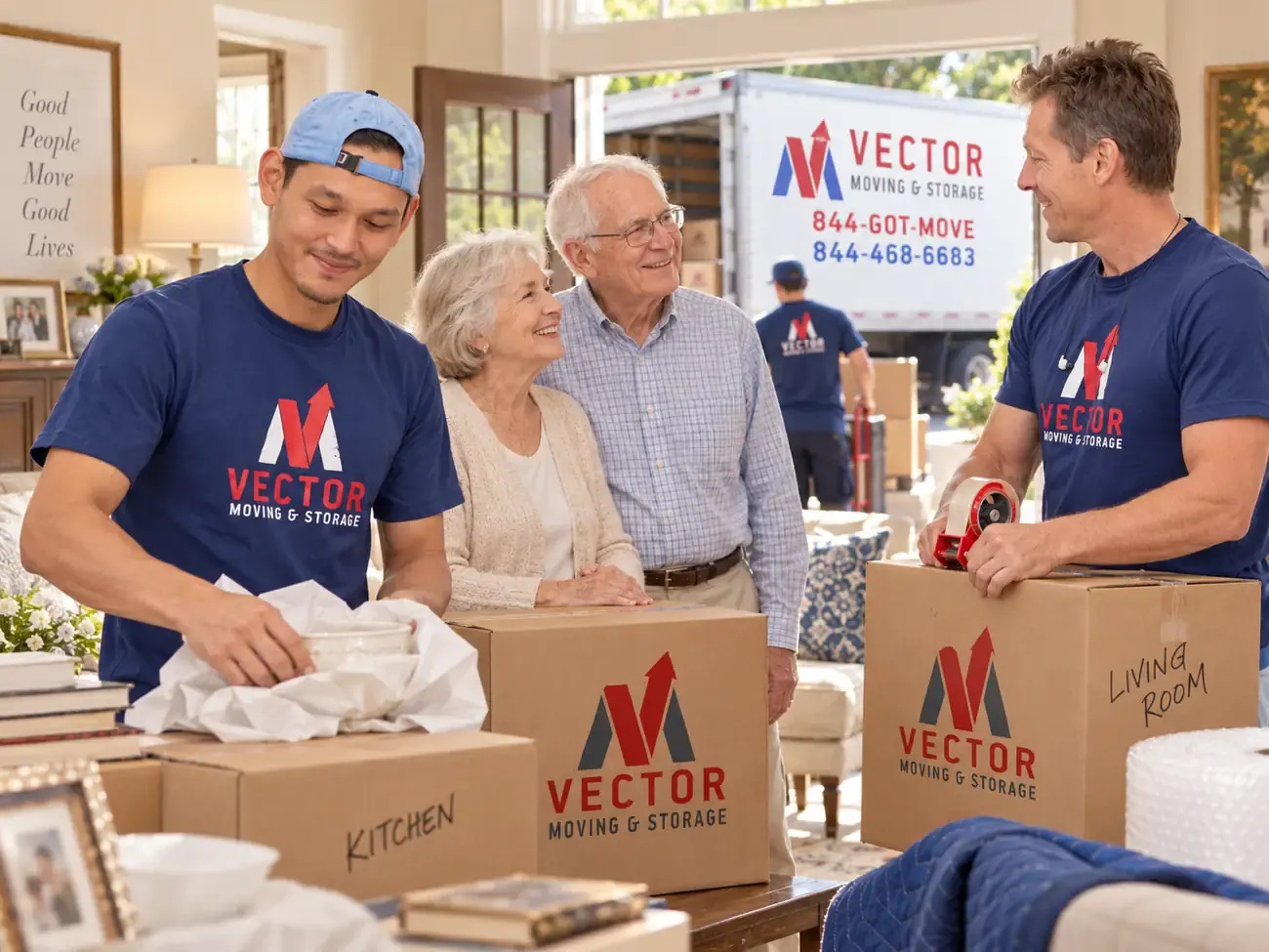 Illustration of an older couple and family coordinating household packing with a Vector moving crew