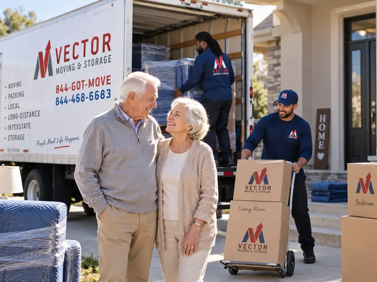Illustration of an older couple coordinating a senior move with a Vector moving crew