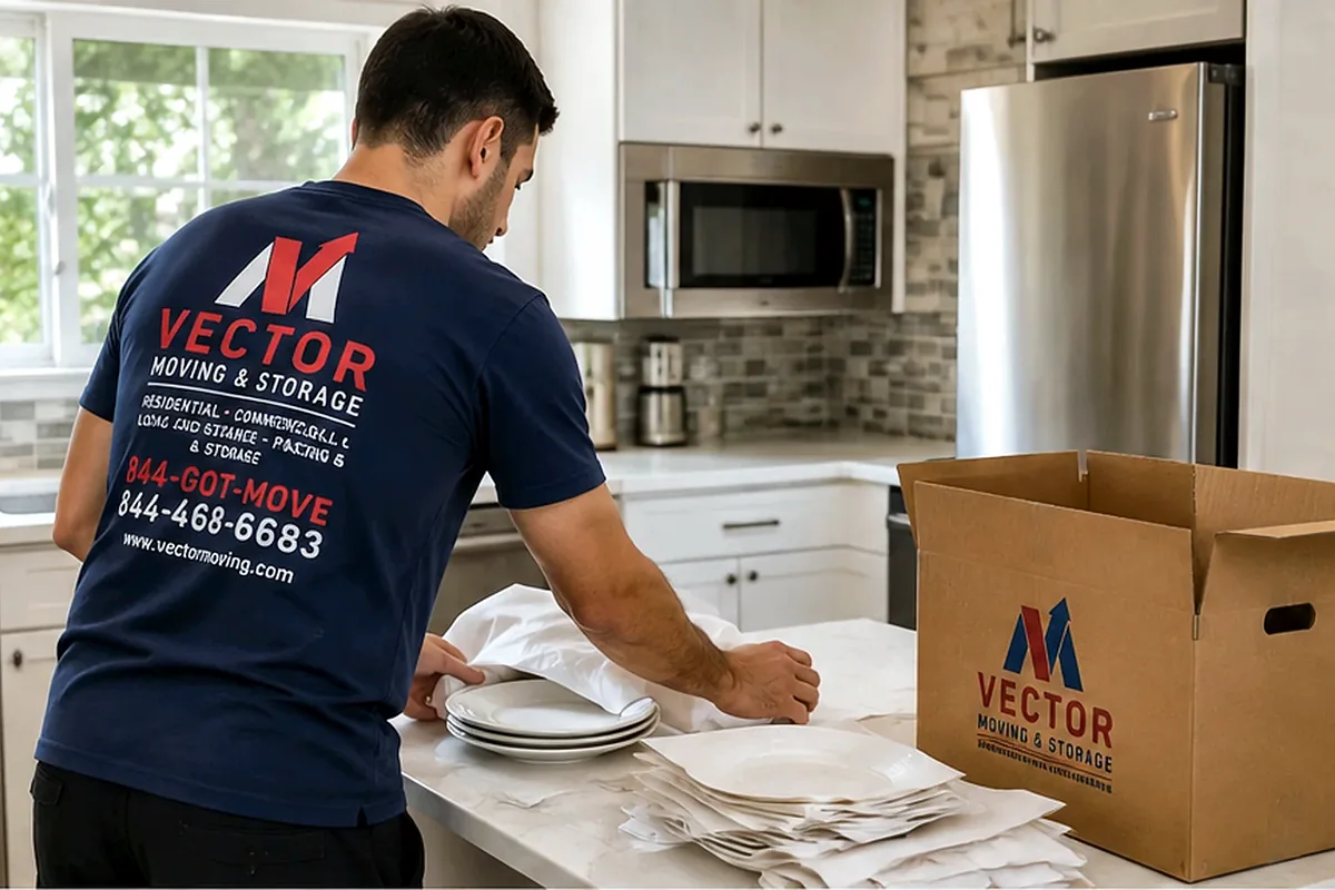 Vector mover packing household belongings in a kitchen
