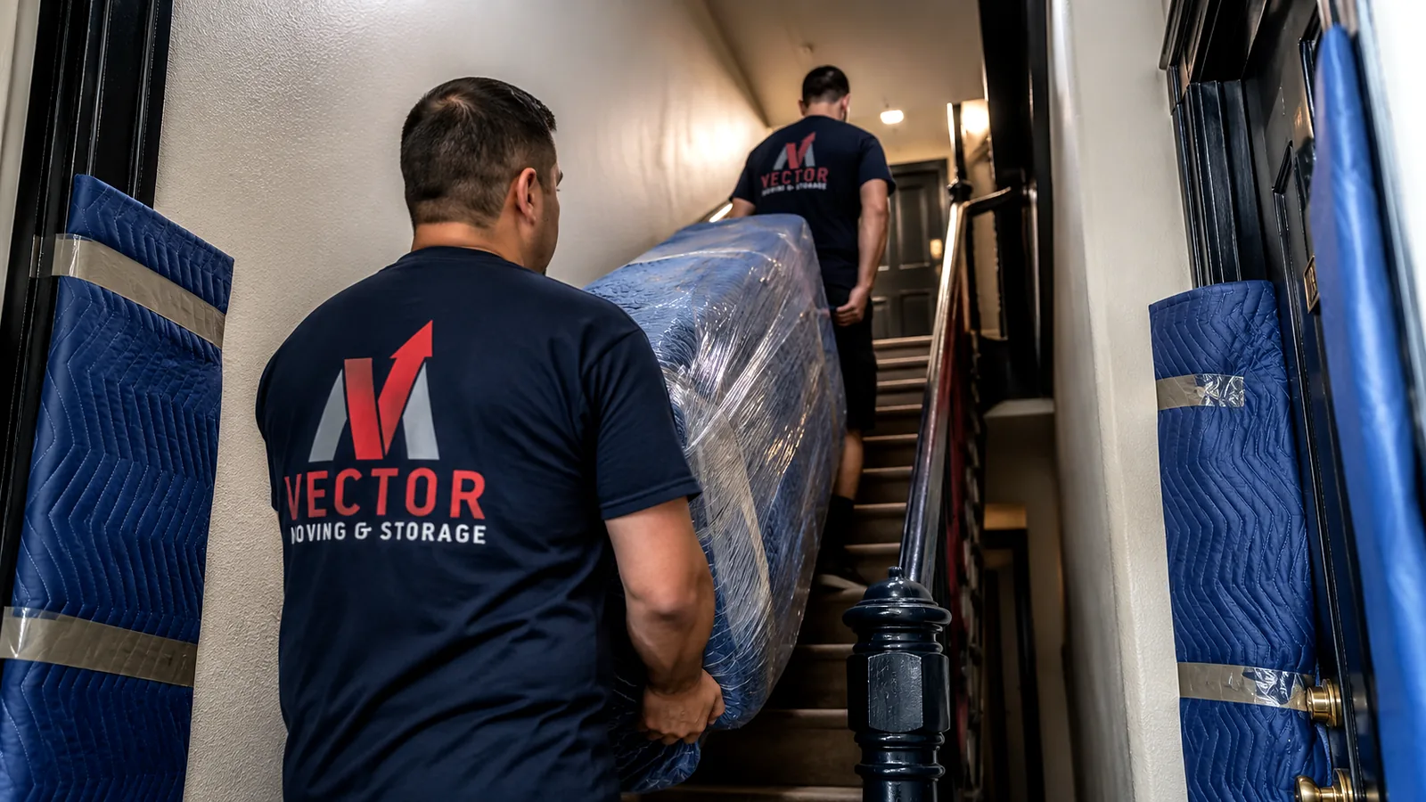 Vector movers carrying wrapped furniture through a protected interior stairwell
