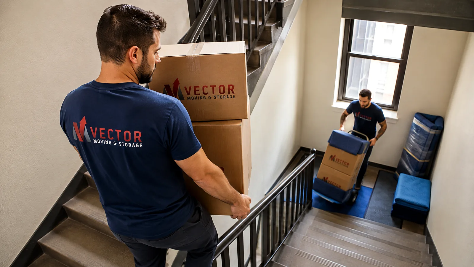 Vector movers carrying labeled moving boxes through an interior stairwell