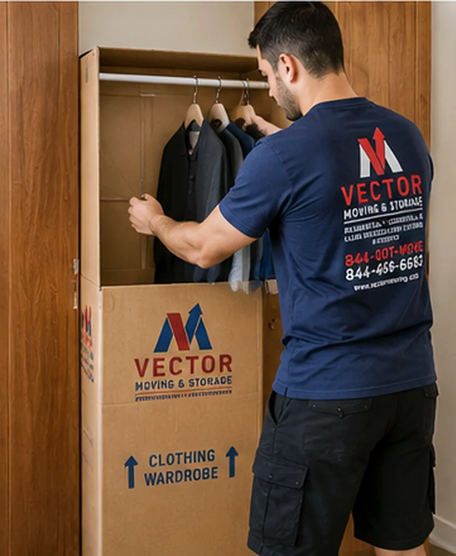 Vector mover placing hanging clothes into a wardrobe box