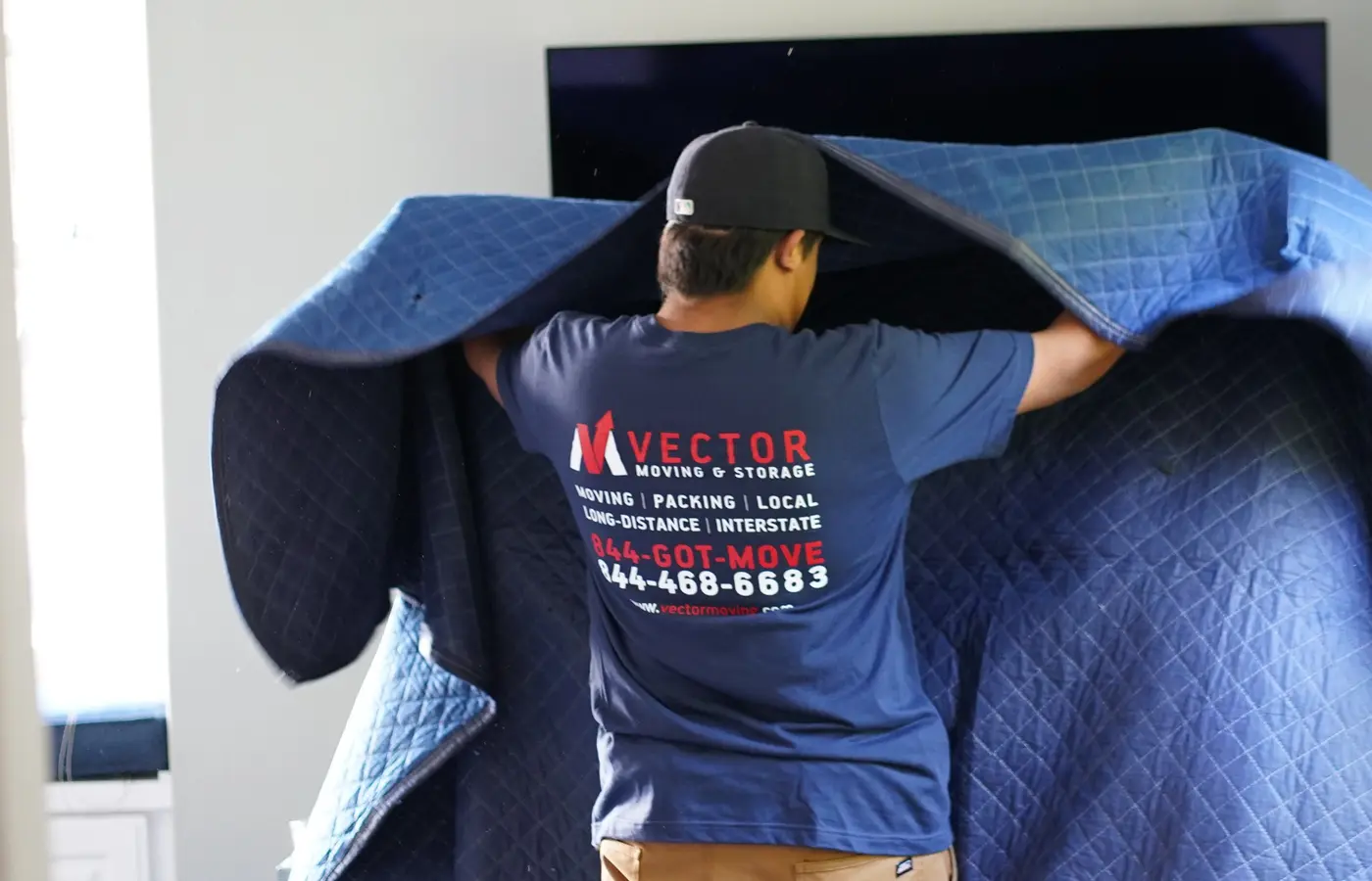 Vector mover covering household furniture with a quilted moving blanket