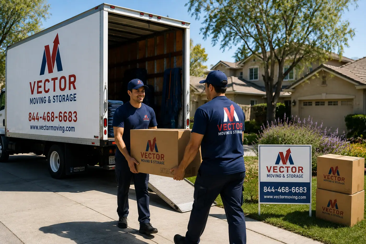 Vector movers carrying a box beside a moving truck in a San Jose neighborhood