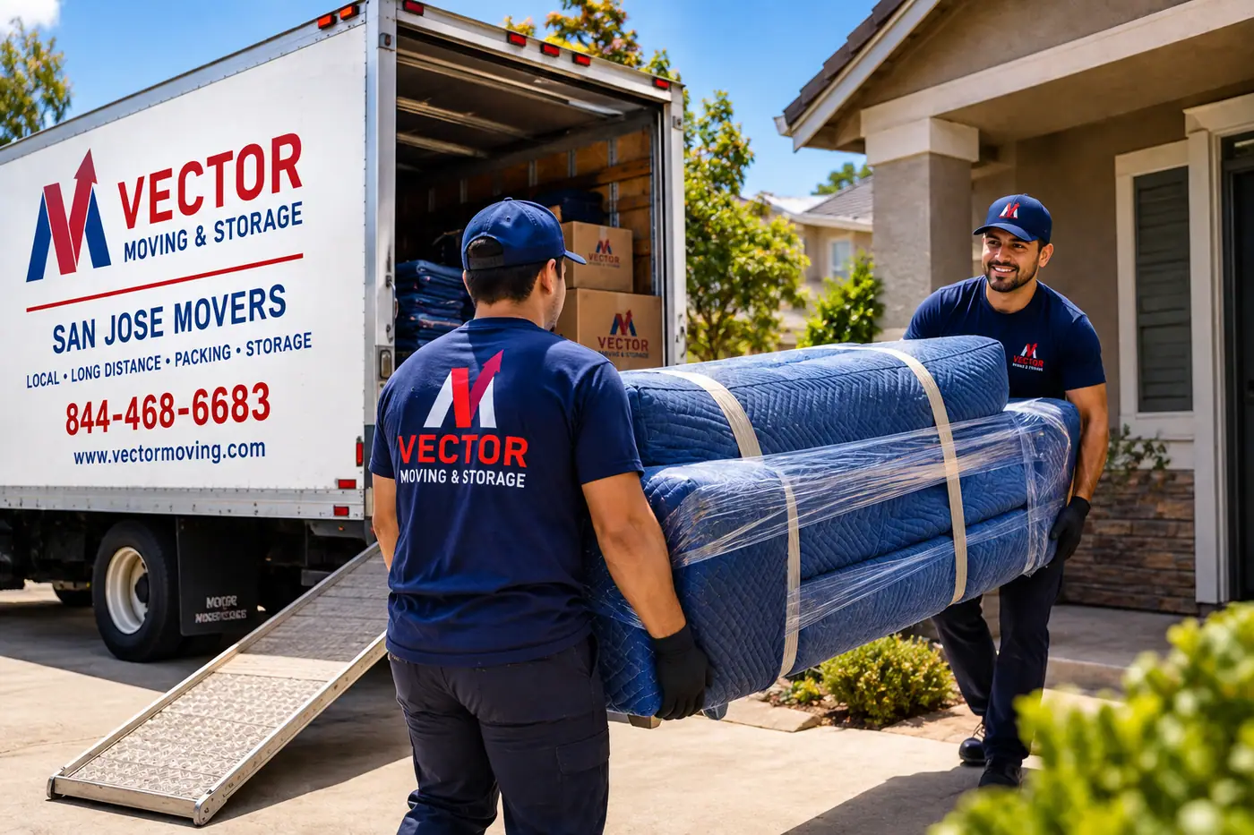 Vector San Jose movers carrying a protected sofa beside a moving truck