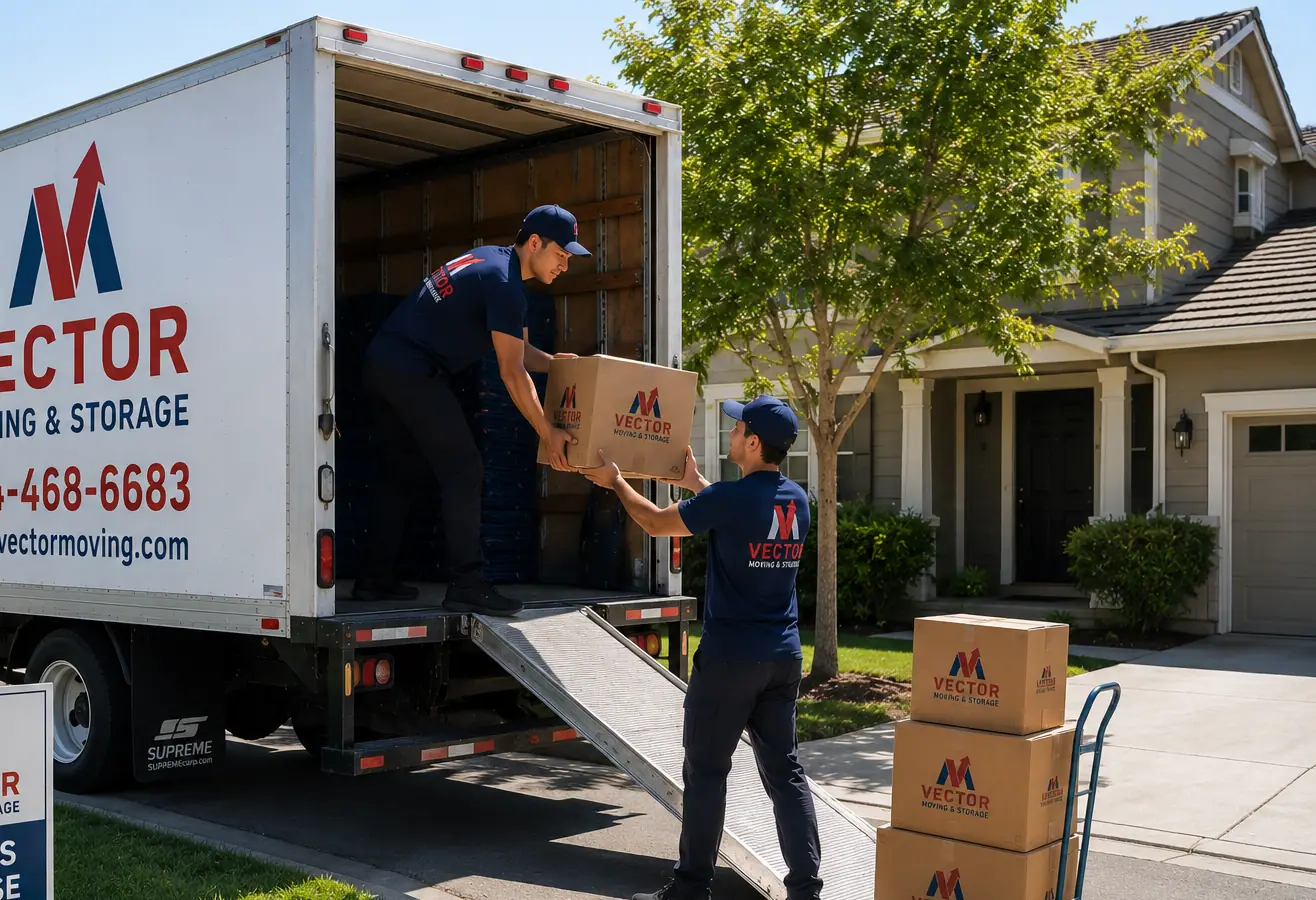 Vector movers transferring boxes between a San Jose home and moving truck