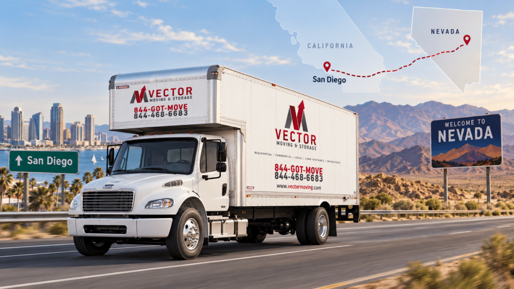 Vector Moving and Storage truck illustration for a move from San Diego to Nevada
