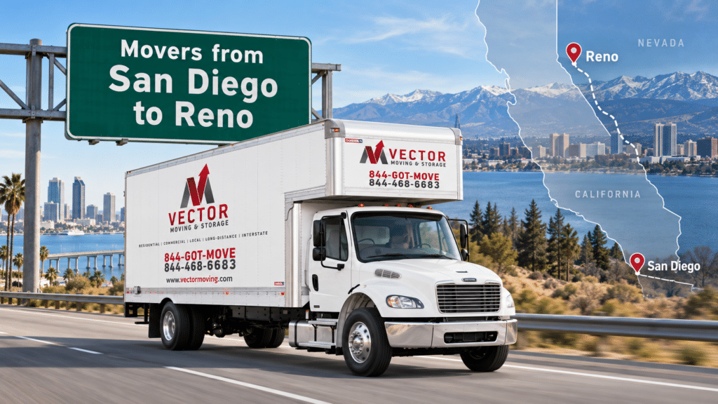Vector Moving and Storage truck illustration for a move from San Diego to Reno