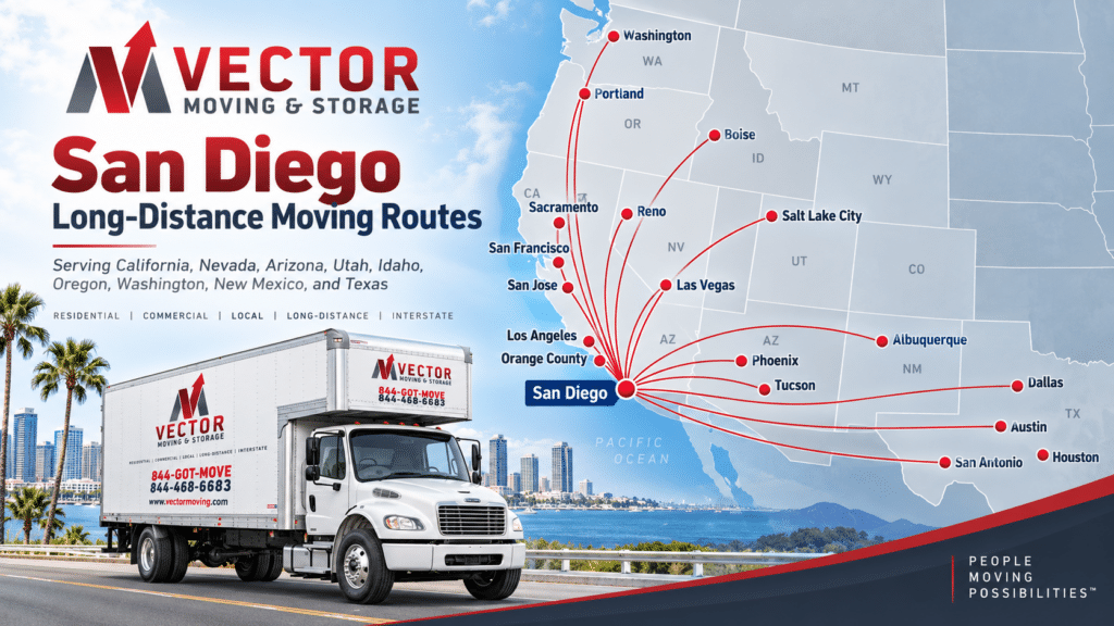 Vector Moving and Storage illustration showing selected long-distance moving destinations from San Diego.