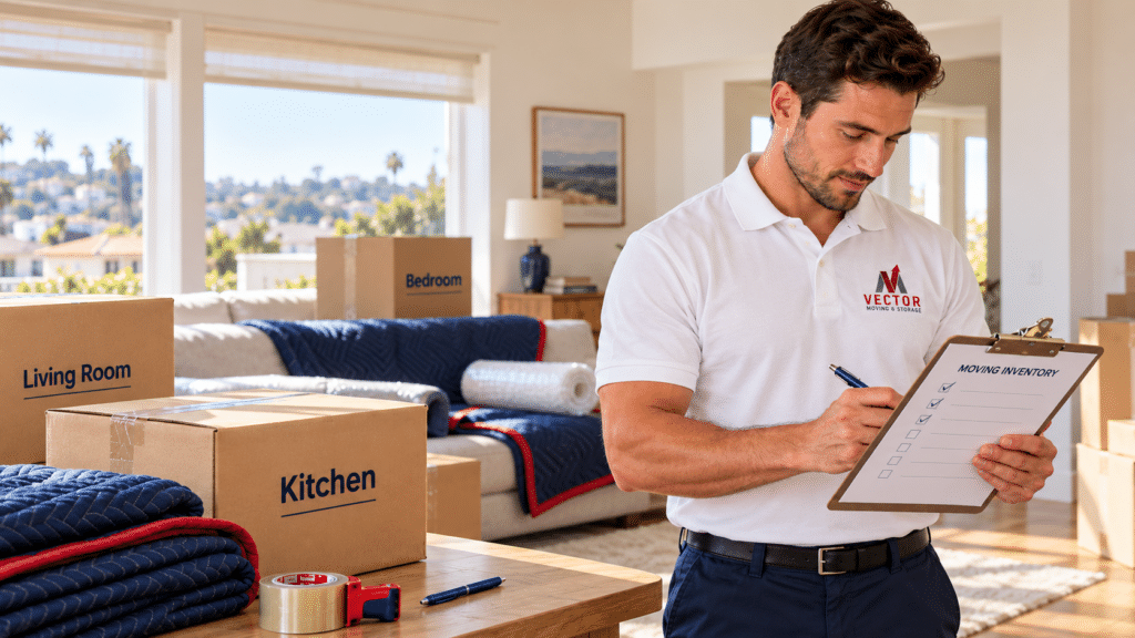Illustration of a Vector mover reviewing a moving inventory beside labeled boxes