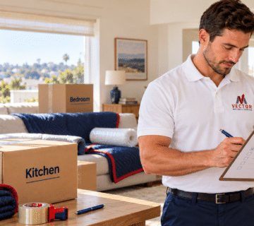 Illustration of a Vector mover reviewing a moving inventory beside labeled boxes