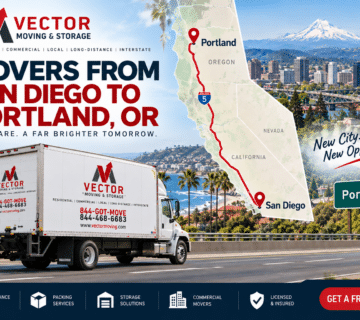 Vector Moving and Storage illustration showing a truck and a San Diego to Portland route map.