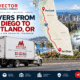 Vector Moving and Storage illustration showing a truck and a San Diego to Portland route map.