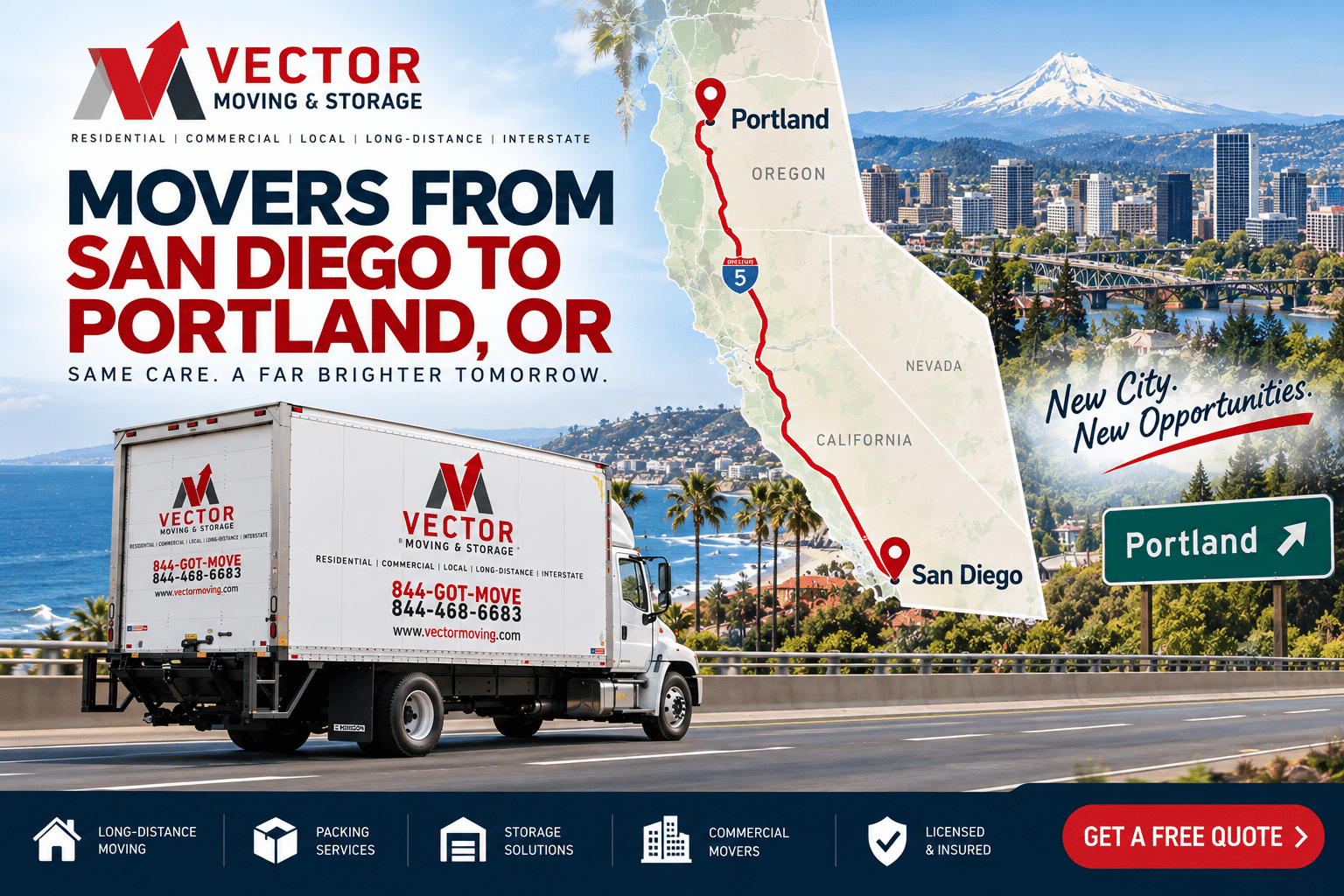 Vector Moving and Storage illustration showing a truck and a San Diego to Portland route map.