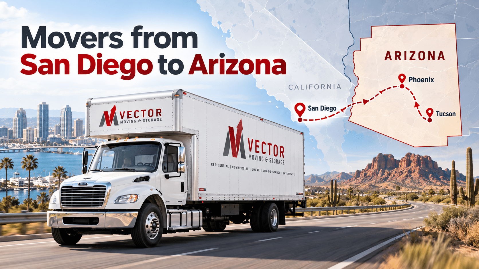 Vector Moving truck with an illustrated map from San Diego to Arizona, including Phoenix and Tucson