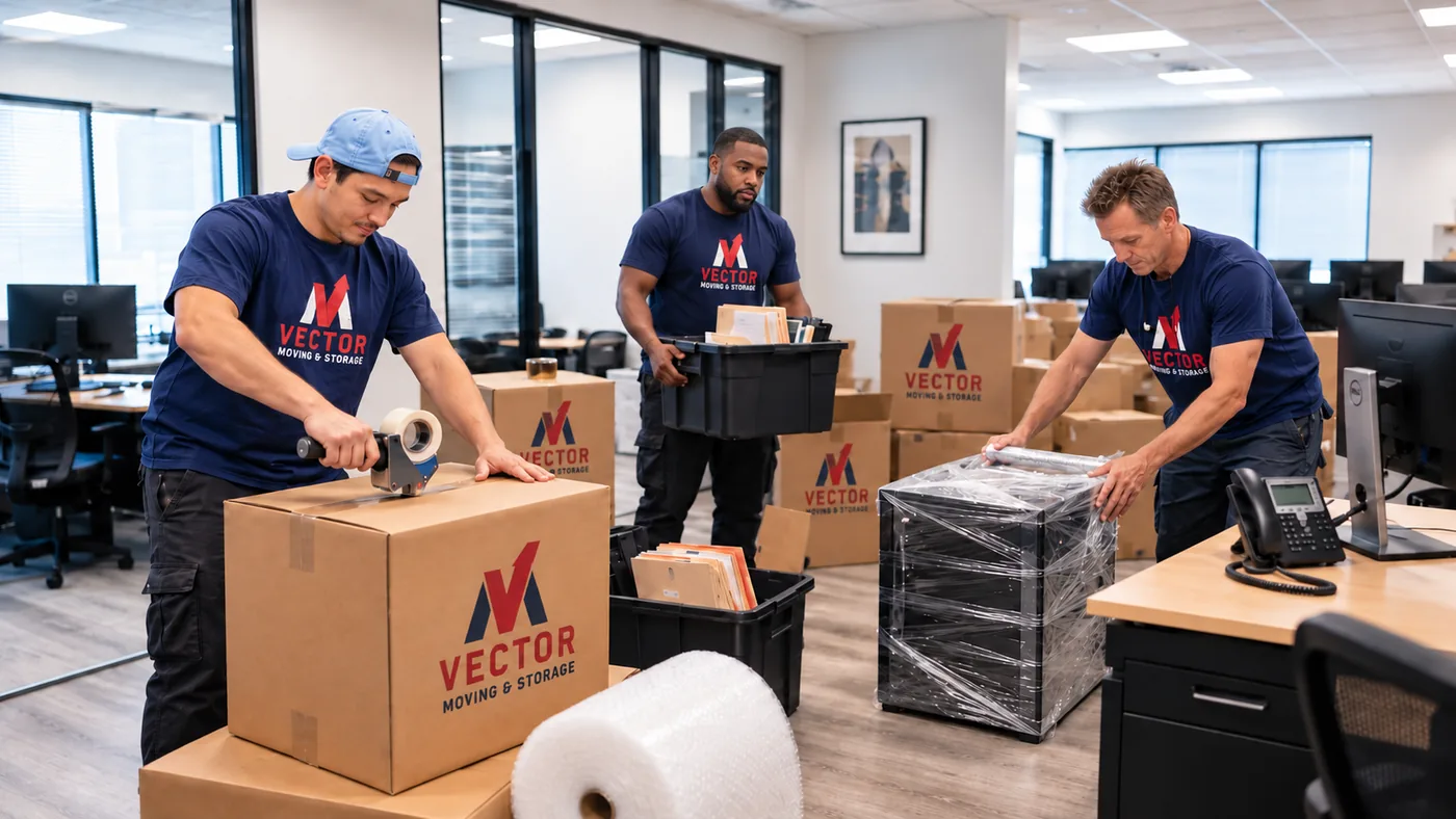 Illustration of Vector movers packing office boxes, records and a protected file cabinet