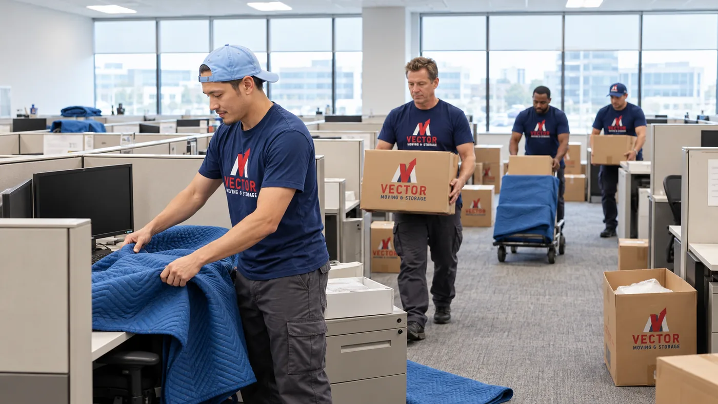 Illustration of Vector office movers preparing furniture and boxes in an office with cubicles