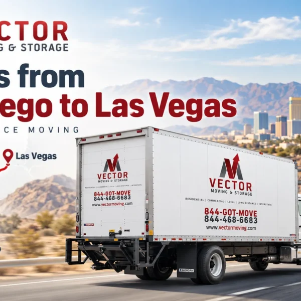 Vector Moving truck with an illustrated San Diego to Las Vegas route map