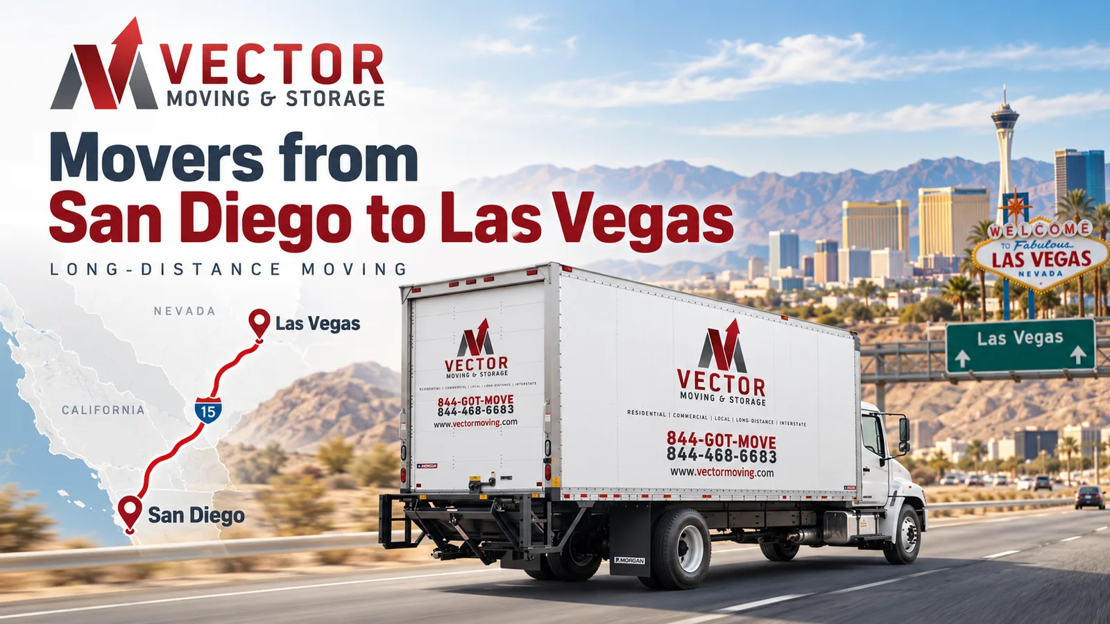 Vector Moving truck with an illustrated San Diego to Las Vegas route map
