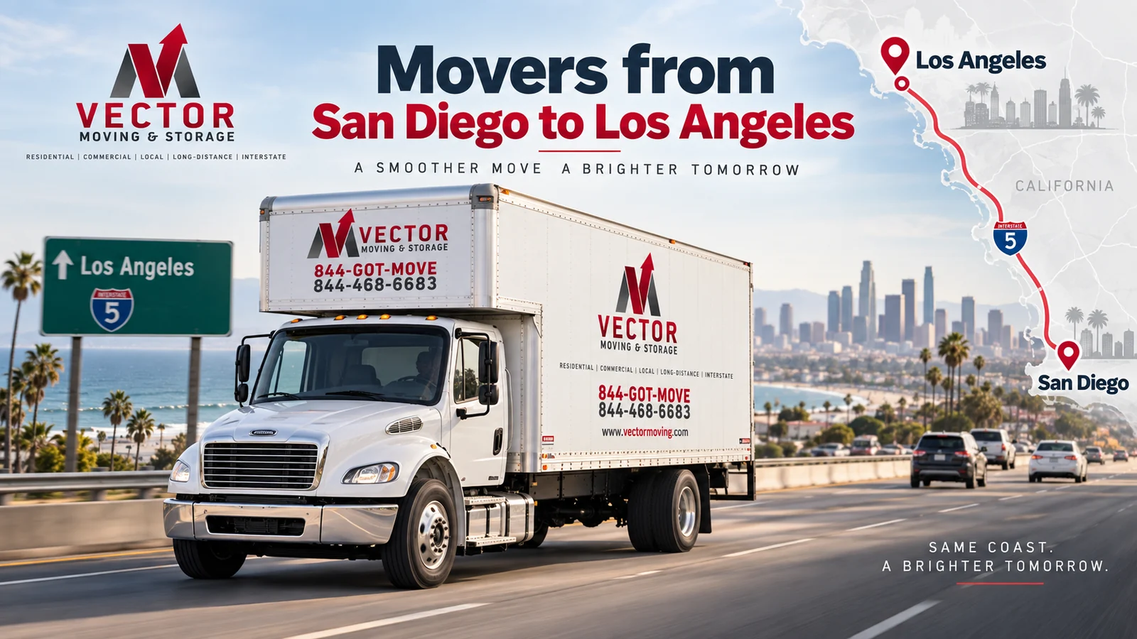 Vector Moving and Storage truck with an illustrated route from San Diego to Los Angeles