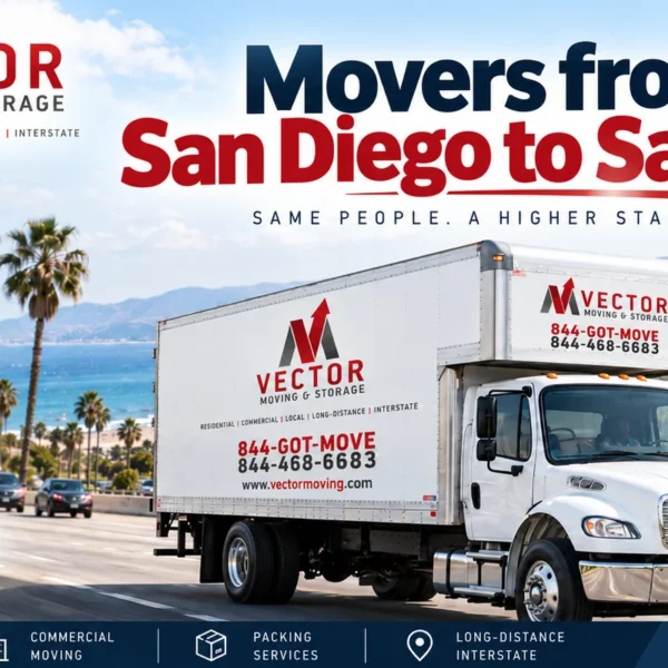Vector Moving truck with an illustrated San Diego to San Jose route map