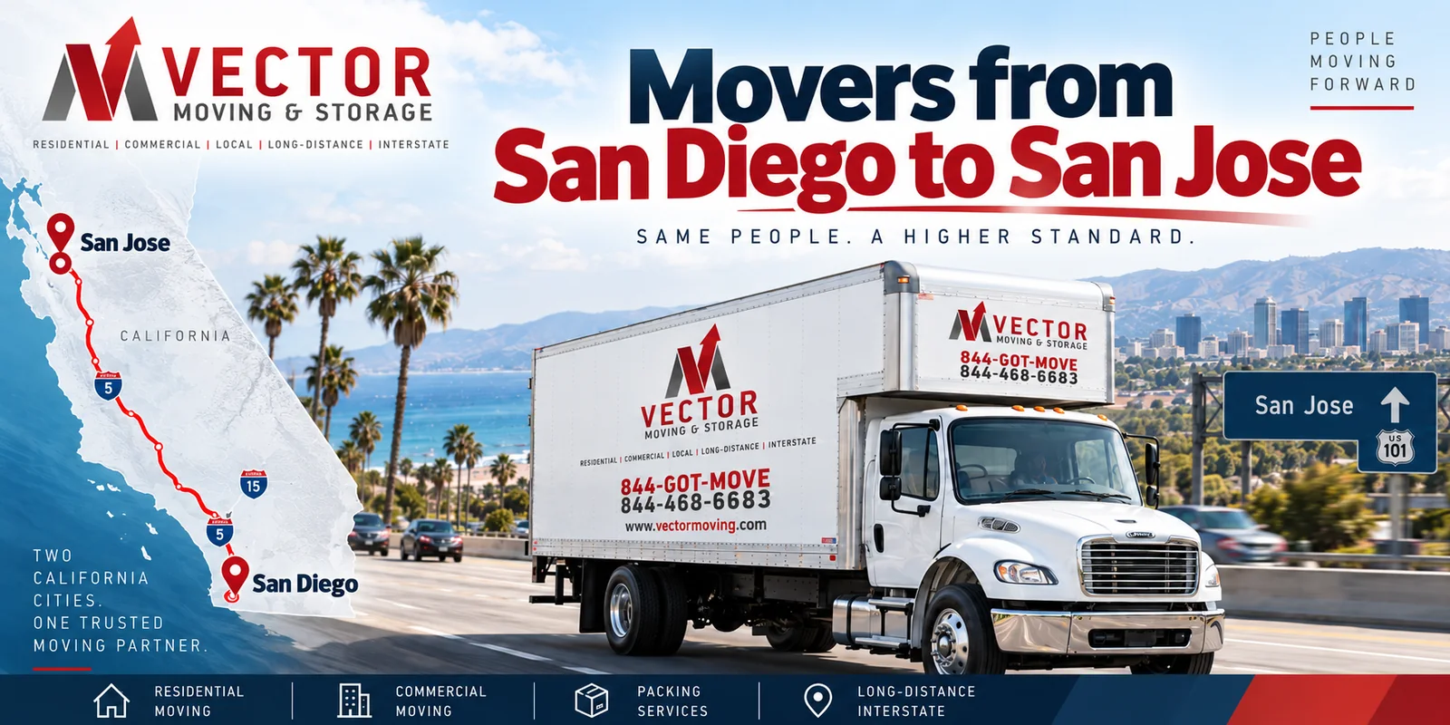 Vector Moving truck with an illustrated San Diego to San Jose route map