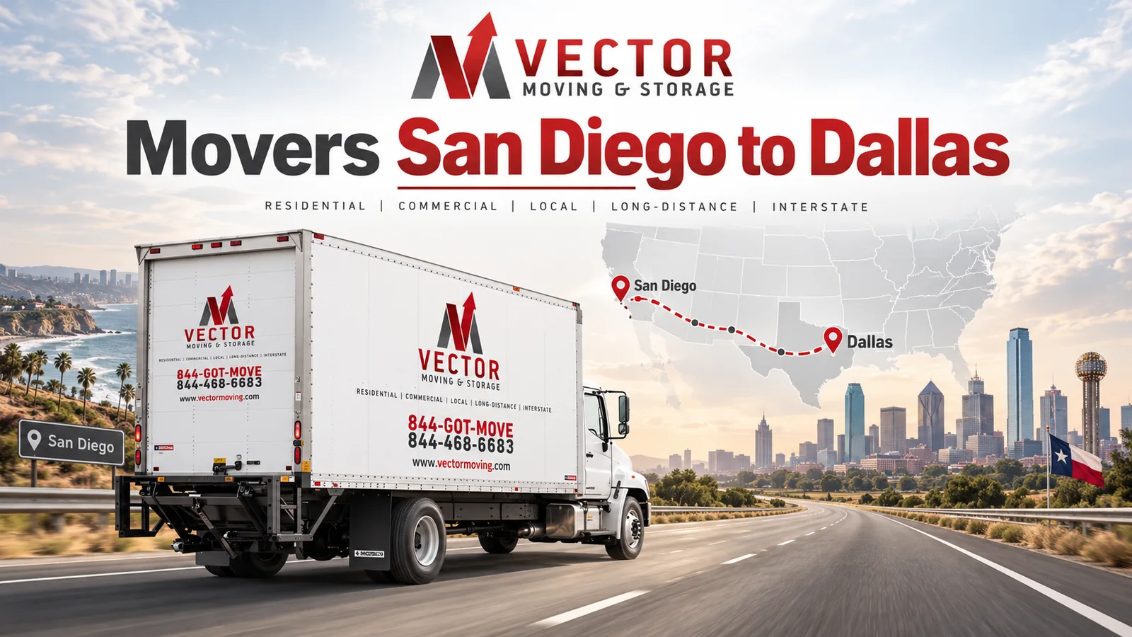 Vector-branded moving truck with an illustrated route from San Diego to Dallas